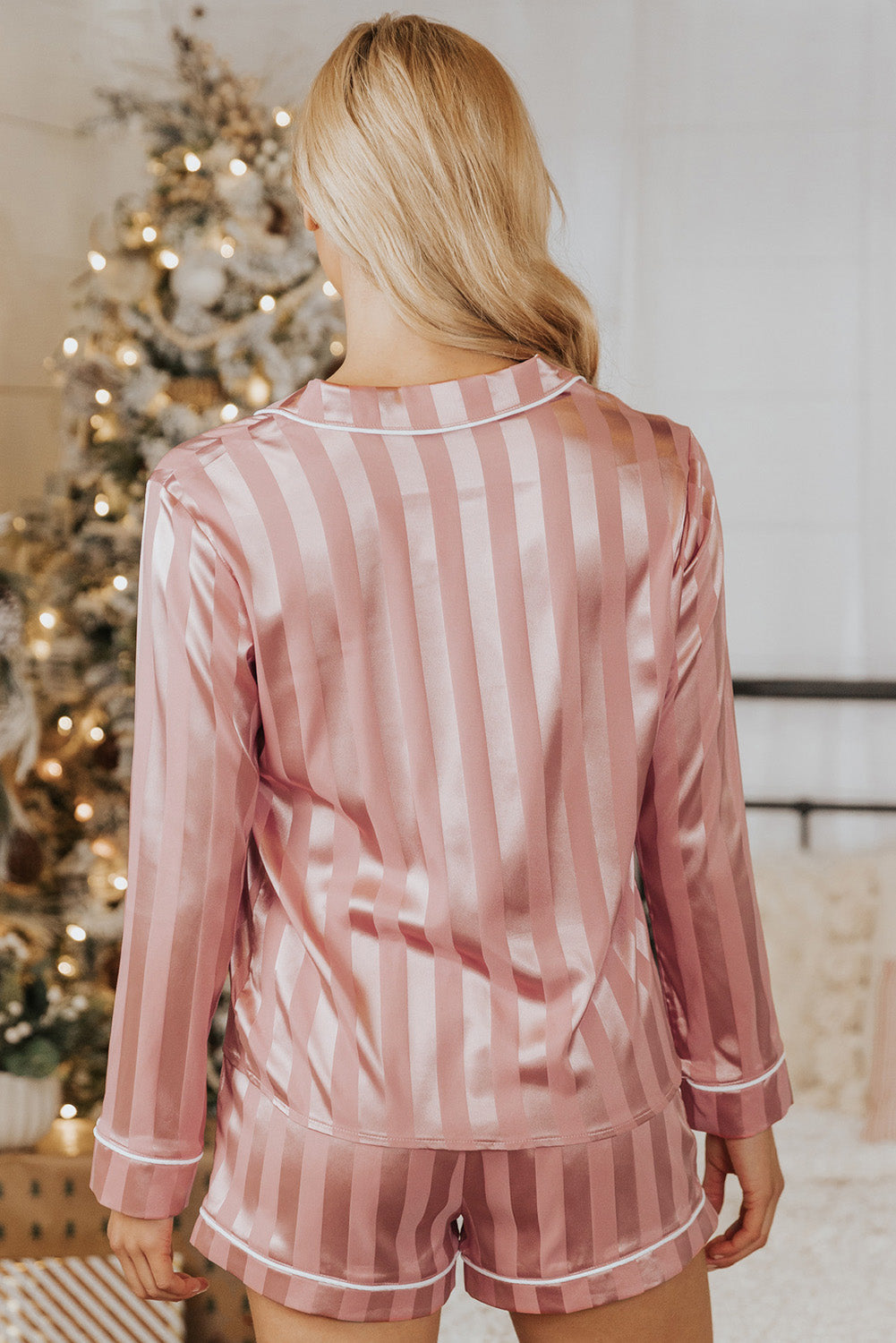 Pink Striped Print Buttoned Shirt and Drawstring Womens Shorts Lounge Set - US2EInc Apparel Plug Ltd. Co
