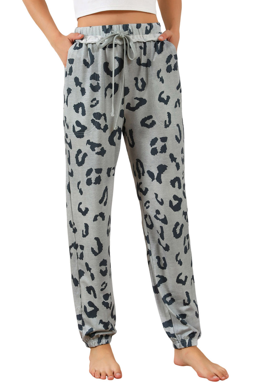Gray Leopard Print Drawstring High Waist Jogger Womens Pants - US2EInc Apparel Plug Ltd. Co