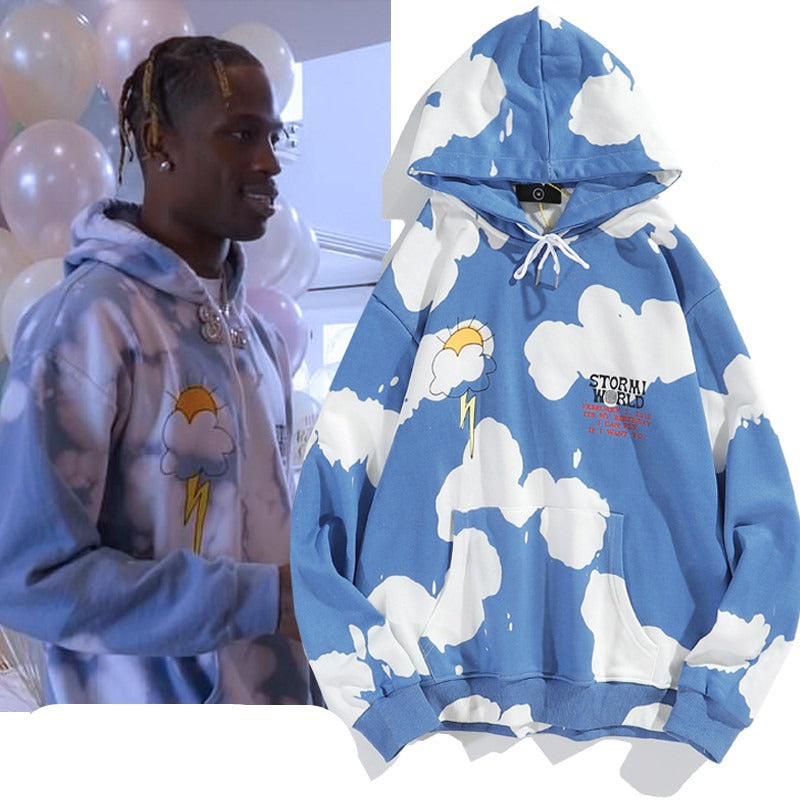 European and American Autumn and Winter Kanye Blue Sky and White Clouds Tie Dyed Hoodie Ins Mens And Womens Oversize Hoodie