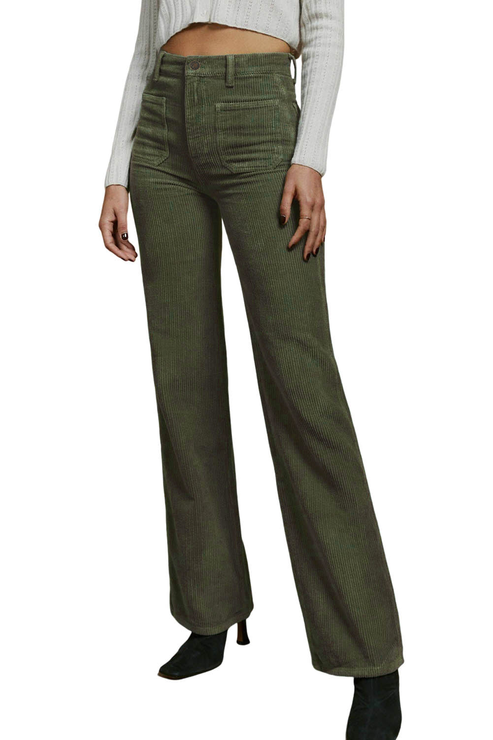 Green High Waist Square Pockets Corduroy Womens Pants - US2EInc Apparel Plug Ltd. Co