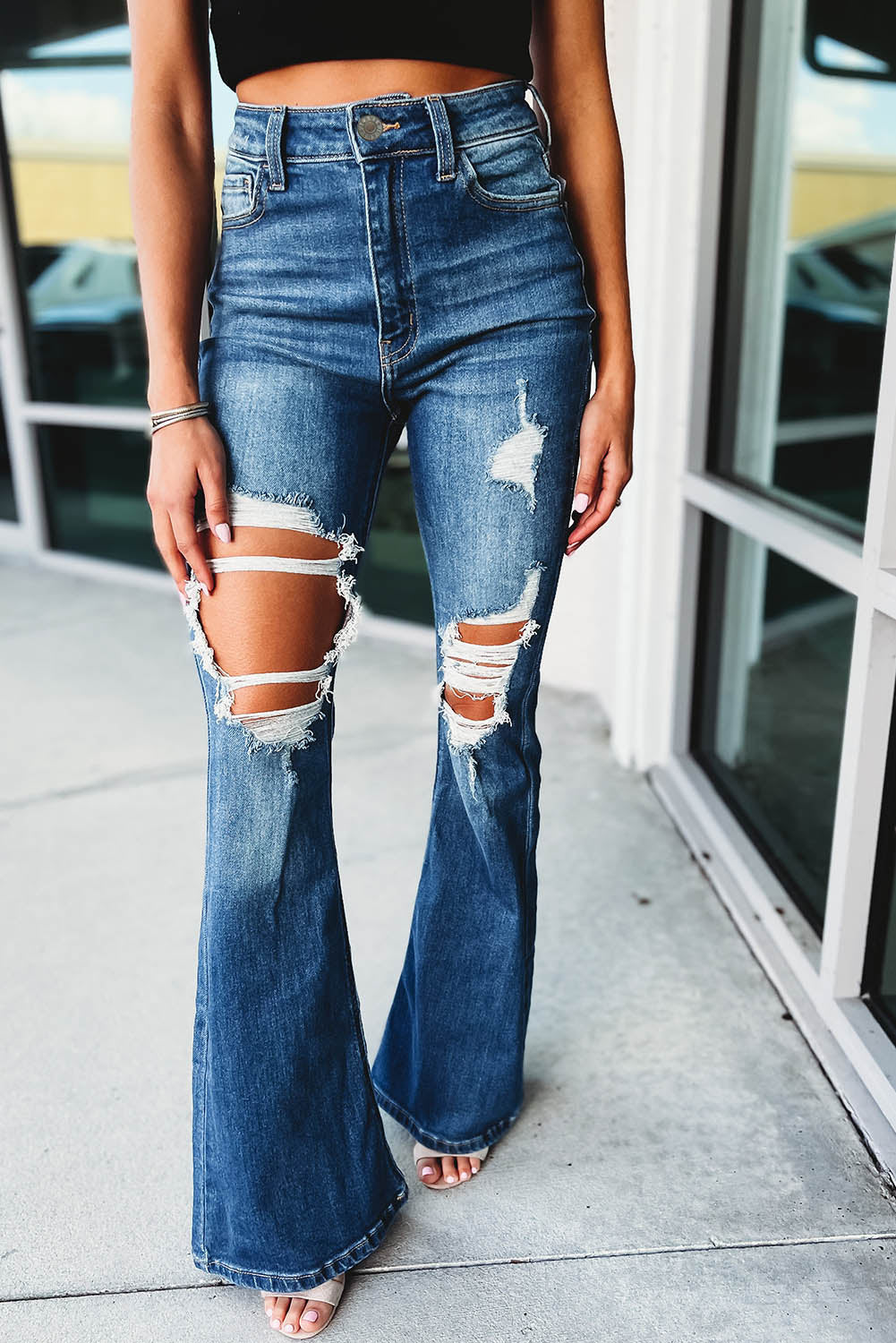 Womens Blue High Waist Distressed Cutout Flare Leg Jeans - US2EInc Apparel Plug Ltd. Co