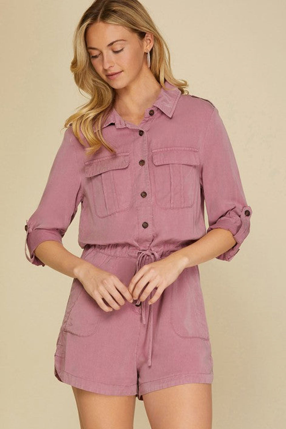 Jungle Green Roll up Sleeve Flap Pockets Womens Drawstring Playsuit - US2EInc Apparel Plug Ltd. Co