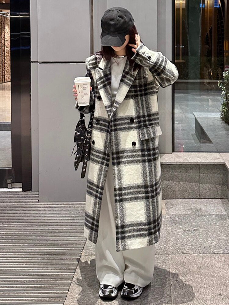 Loose Fit White Plaid Big Size Long Woolen Coat Parkas New Long Sleeve Women Fashion Tide Autumn Winter