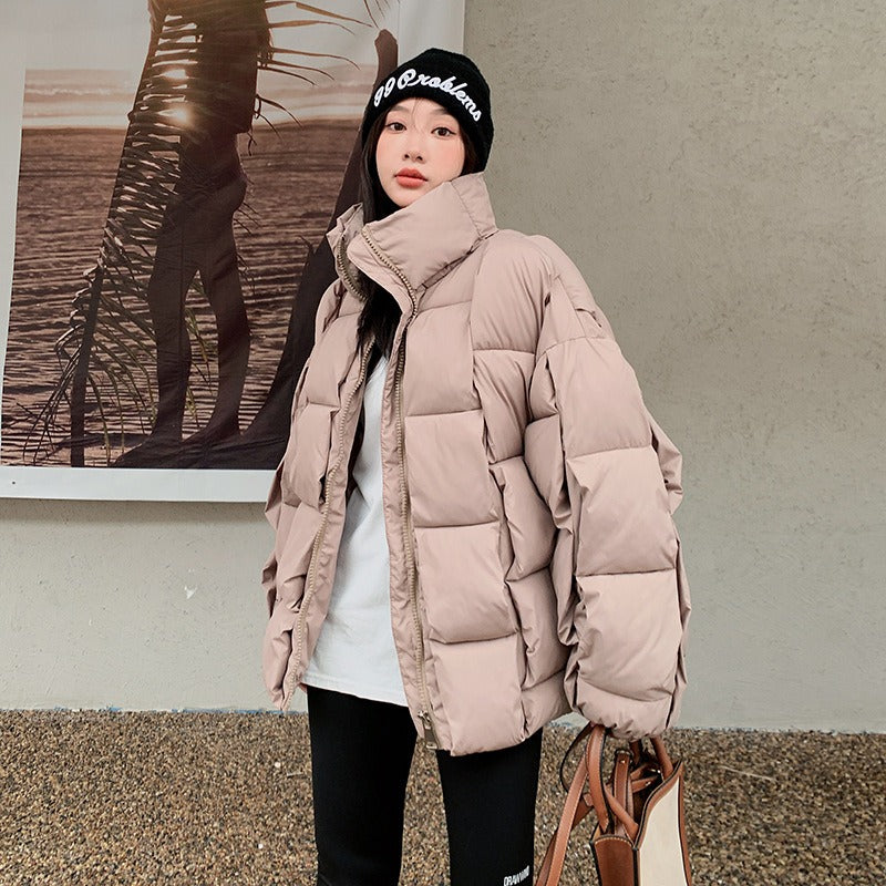 Autumn Winter Women Fashion Weave Short Cotton Parka Coat Stand Collar Long Sleeve Blue Rose Red Black Cotton-Padded Outerwear