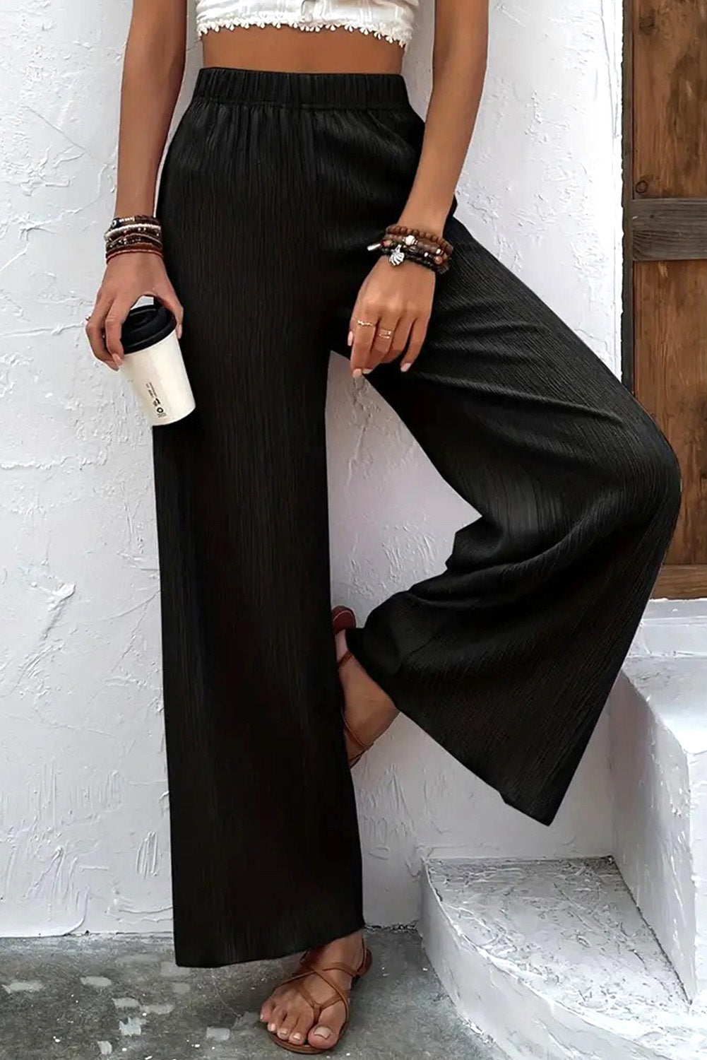 Black Crinkle Elastic Waist Wide-Leg Womens Pants - US2EInc Apparel Plug Ltd. Co