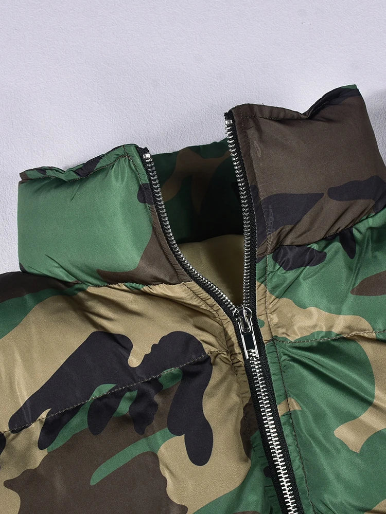 Fashion Women's Cotton-padded Coat Stand Collar Hollow Out Zipper Short Camoufalage Parkas Jackets Winter