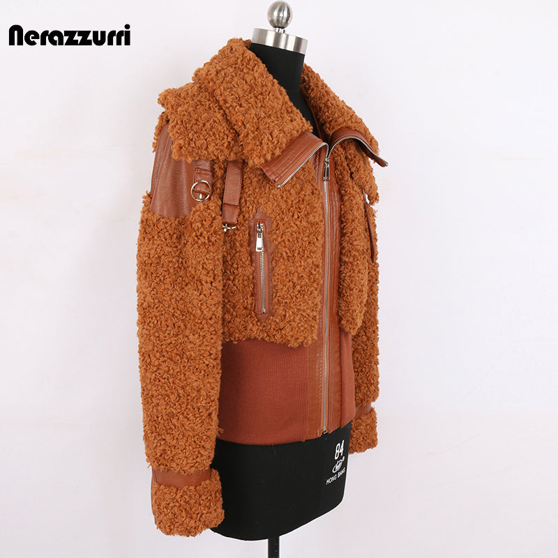 Nerazzurri Autumn Winter Chic Warm Pu Leather Patchwork Faux Fur Coat Women Zip Up Luxury Designer Clothes Fuzzy Fluffy Jacket