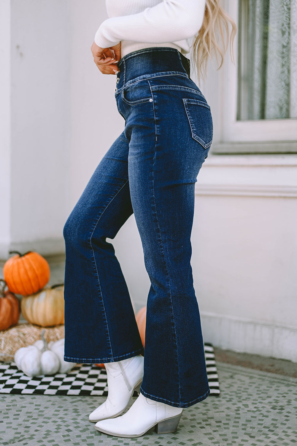 Blue Buttons Elastic Wide Waistband Back Flare Womens Jeans - US2EInc Apparel Plug Ltd. Co
