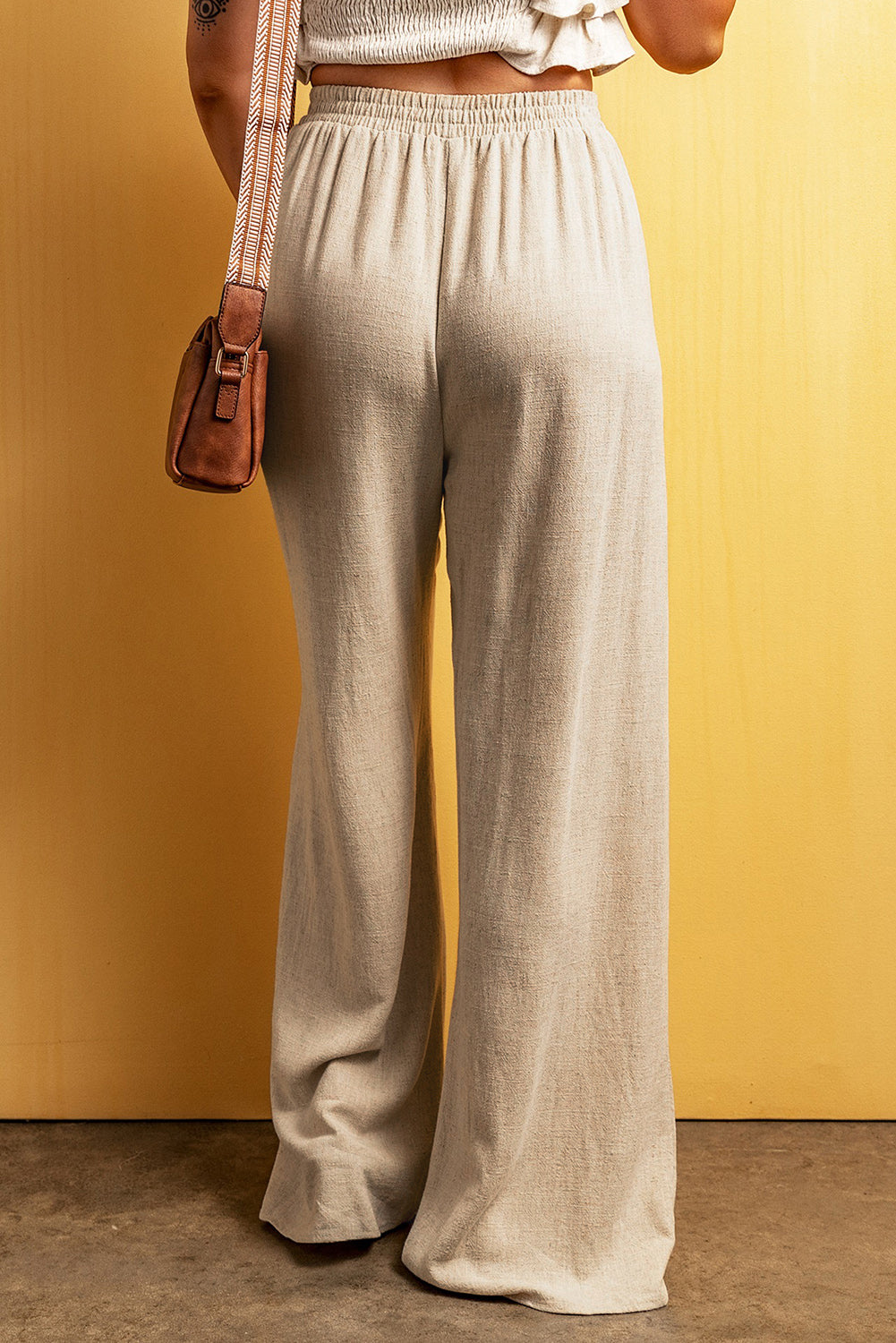Apricot Lace-up Waist Floor Length Wide Leg Casual Womens Pants - US2EInc Apparel Plug Ltd. Co