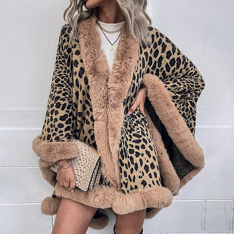 Autumn and Winter Wool Collar Cape Cardigan Leopard Cape Sweater Women