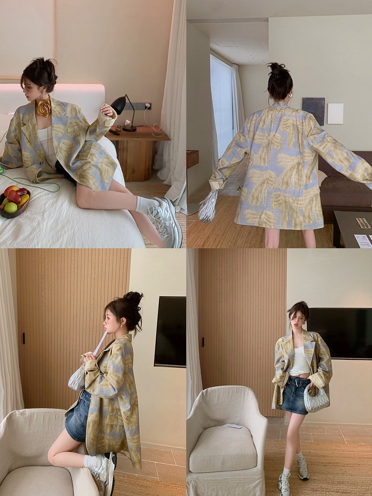 Casual Printing Women Notched Collar Long Sleeve Spliced Single Breasted Straight Balzer Female