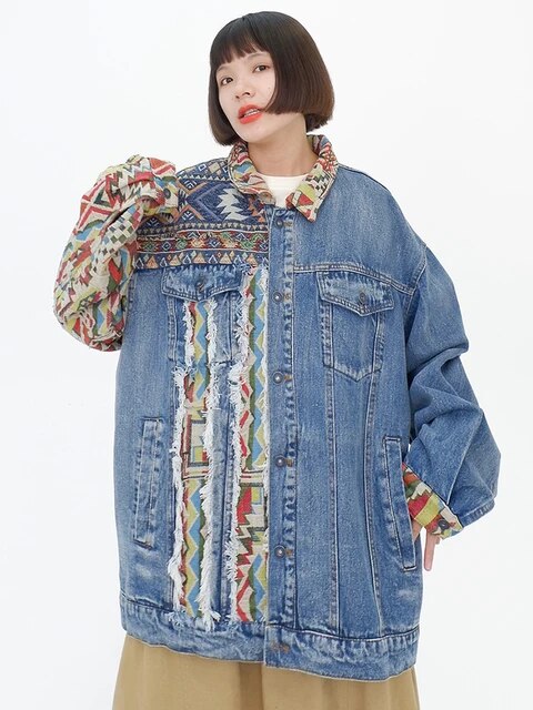 Autumn New Denim Coat For Women Lapel Embroidery Ethnic Style Outwear Burrs Patchwork Wash Jacket