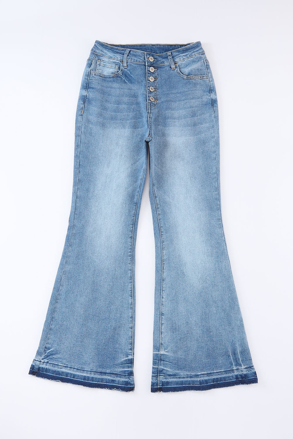 Sky Blue High Waist Buttoned Distressed Flared Womens Jeans - US2EInc Apparel Plug Ltd. Co