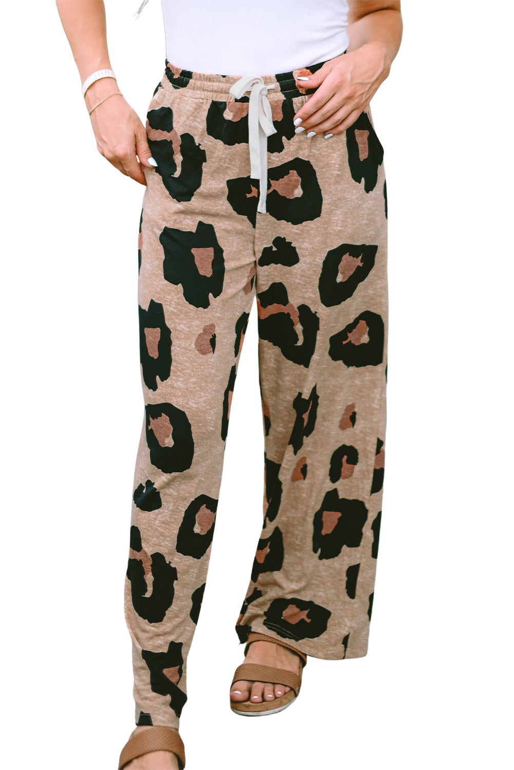 Leopard Drawstring Wide Leg Casual Womens Pants - US2EInc Apparel Plug Ltd. Co