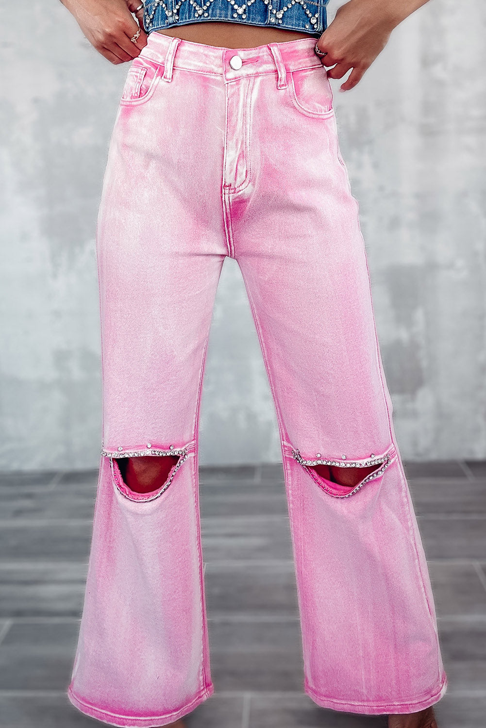 Pink High Waist Rhinestone Cutout Wide Leg Womens Jeans - US2EInc Apparel Plug Ltd. Co