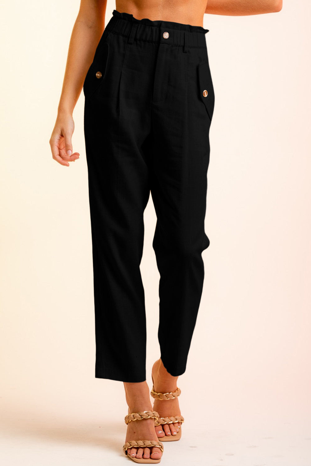 Black Button Flap Pocket High Waisted Linen Womens Pants - US2EInc Apparel Plug Ltd. Co