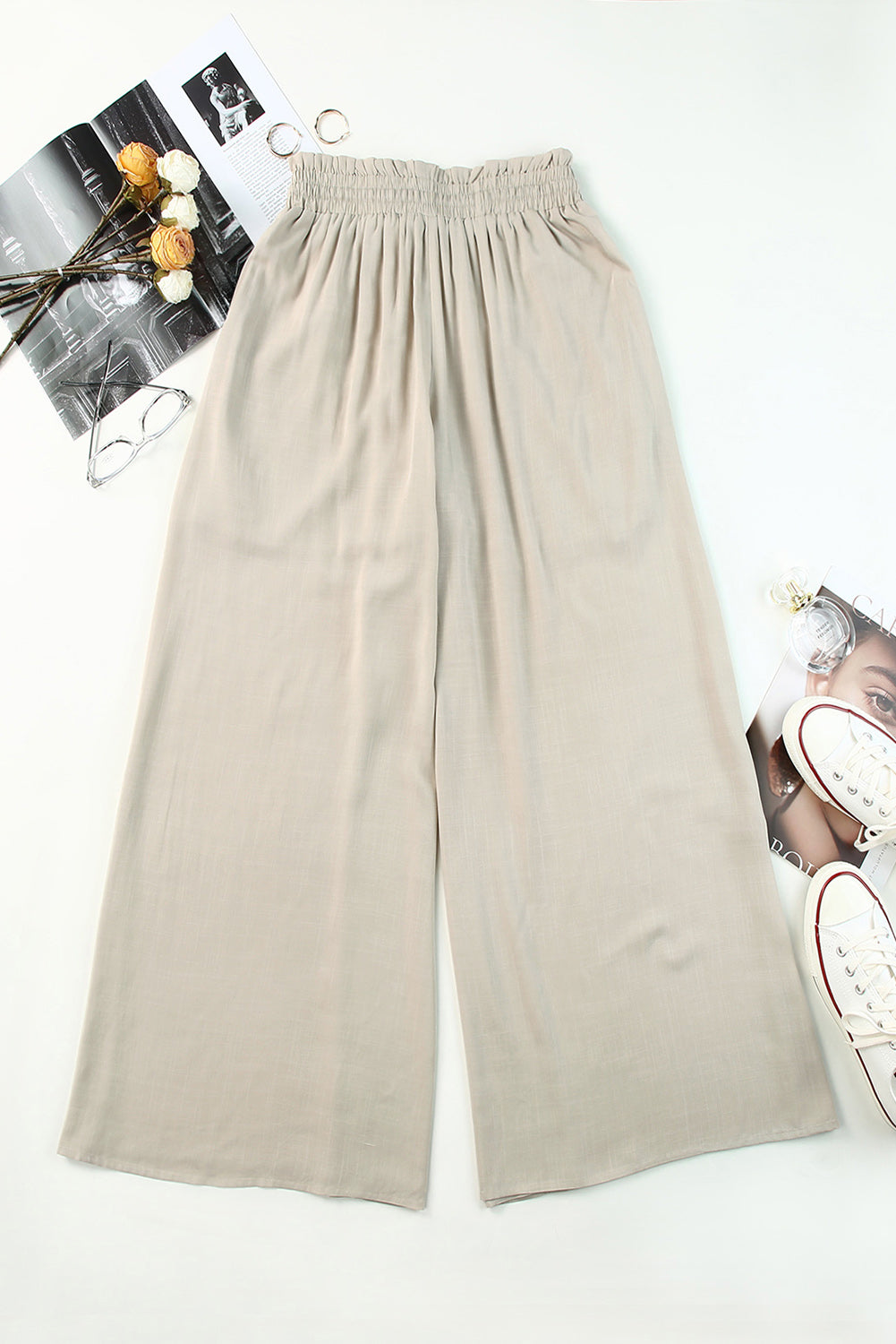 Gray Drawstring Smocked High Waist Wide Leg Womens Pants - US2EInc Apparel Plug Ltd. Co