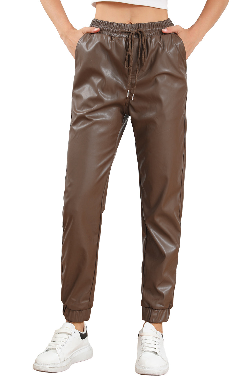 Brown Leather Tie Waist Jogger Womens Pants - US2EInc Apparel Plug Ltd. Co