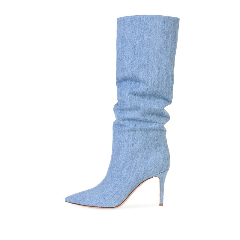 Pointed Toe High Heel Denim Knee High Slouchy Boots Womens Heeled Jeans Slouch Boots Ladies Mid Heel Spring Autumn Shoes