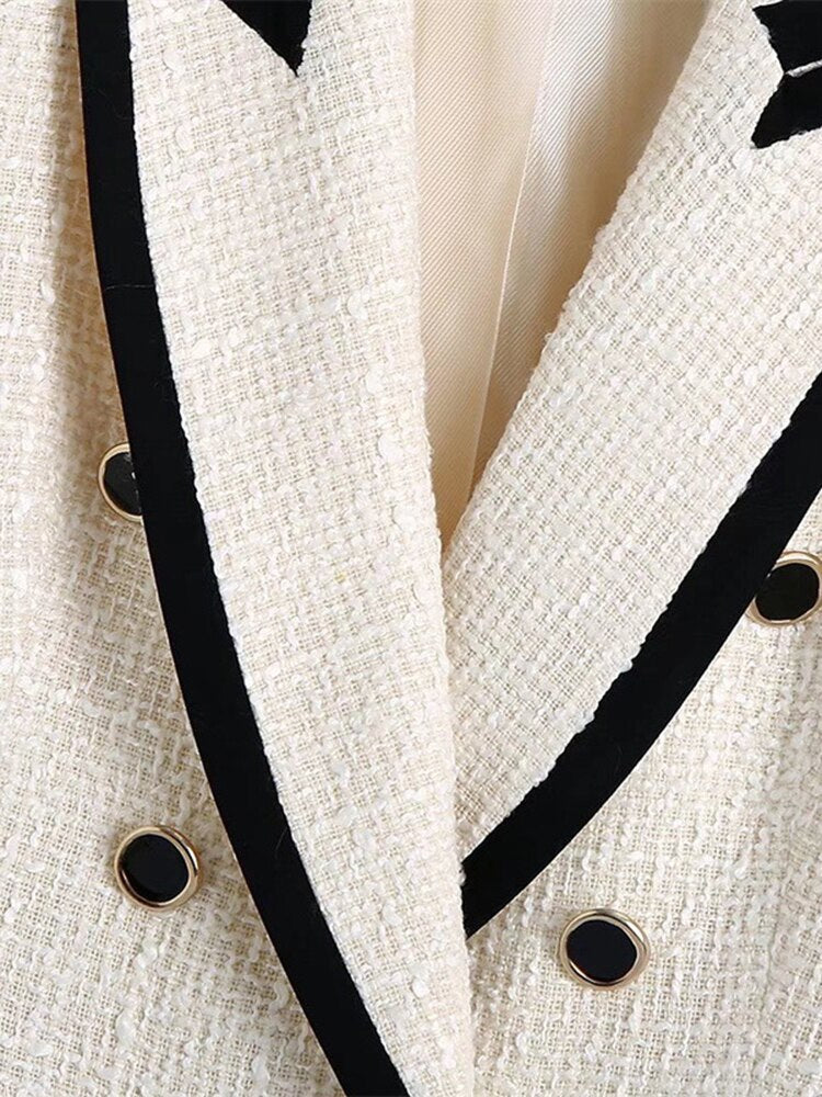 Office Lady Contrast Color Blazer For Women Notched Long Sleeve Double Breasted Fashion Coat