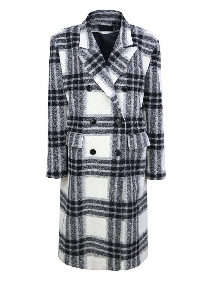 Loose Fit White Plaid Big Size Long Woolen Coat Parkas New Long Sleeve Women Fashion Tide Autumn Winter