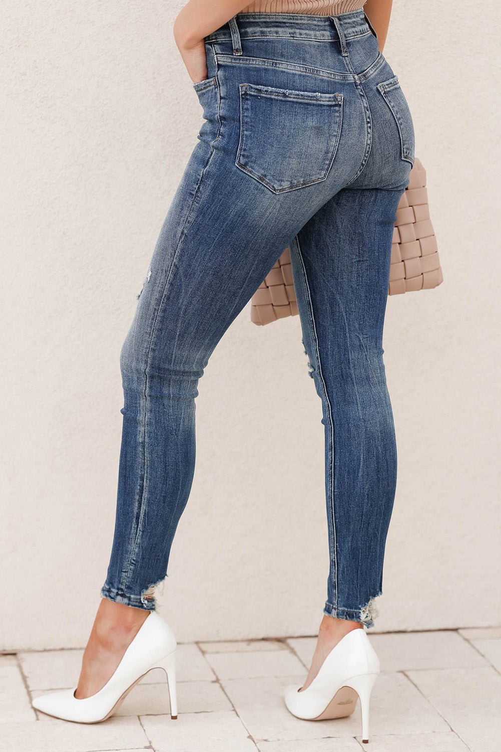 Sky Blue Asymmetric Distressed Skinny Womens Jeans - US2EInc Apparel Plug Ltd. Co