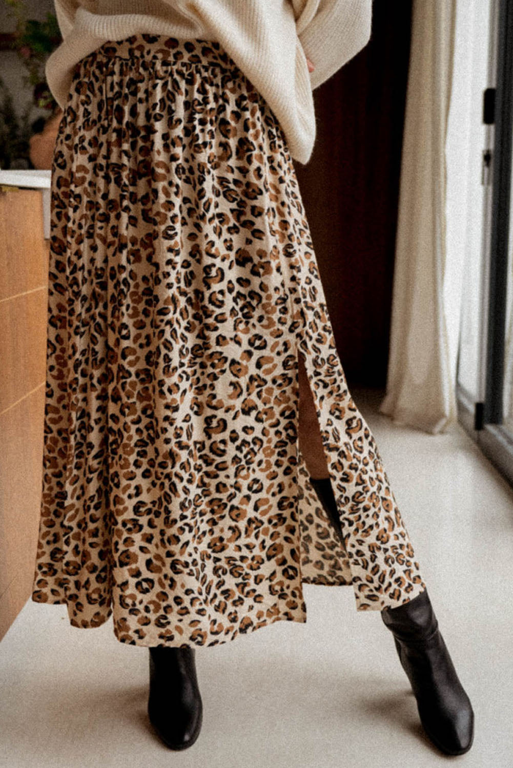 Leopard Animal Print High Waist Side Slit Long Womens Skirt - US2EInc Apparel Plug Ltd. Co