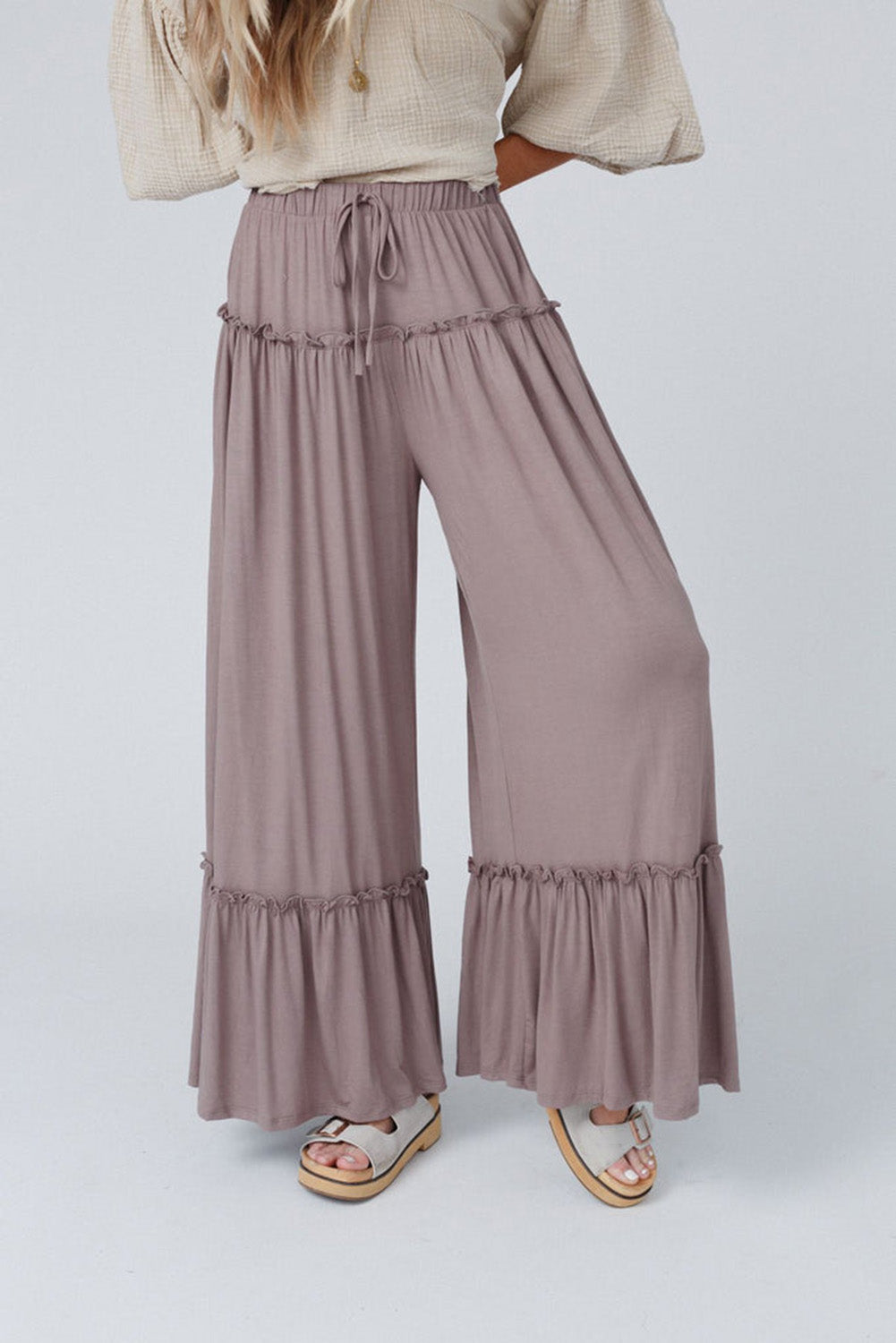 Khaki Frilled Drawstring High Waist Wide Leg Womens Pants - US2EInc Apparel Plug Ltd. Co