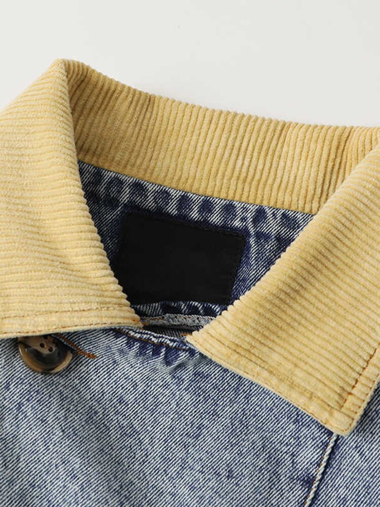 Autumn New Fashion Retro Hong Kong Style Collision Color Splicing Casual Single-Breasted Design Denim Jacket