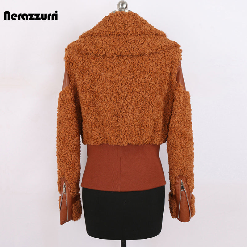 Nerazzurri Autumn Winter Chic Warm Pu Leather Patchwork Faux Fur Coat Women Zip Up Luxury Designer Clothes Fuzzy Fluffy Jacket