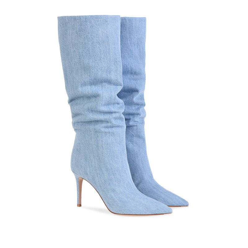 Pointed Toe High Heel Denim Knee High Slouchy Boots Womens Heeled Jeans Slouch Boots Ladies Mid Heel Spring Autumn Shoes