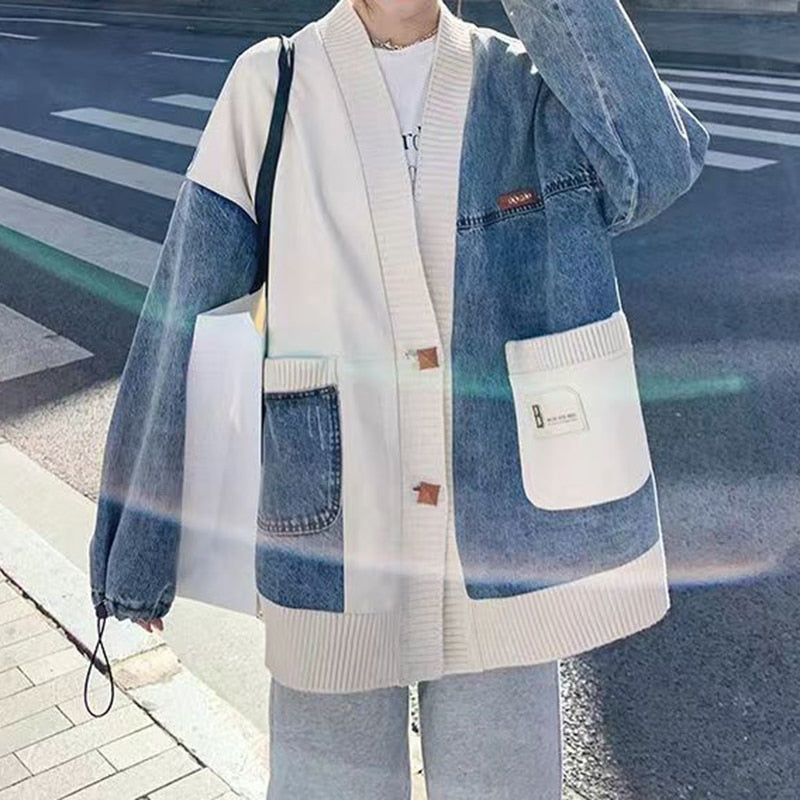 Denim jacket Women's New style splicing top Korean loose skinny knitting cardigan  Button  Thick