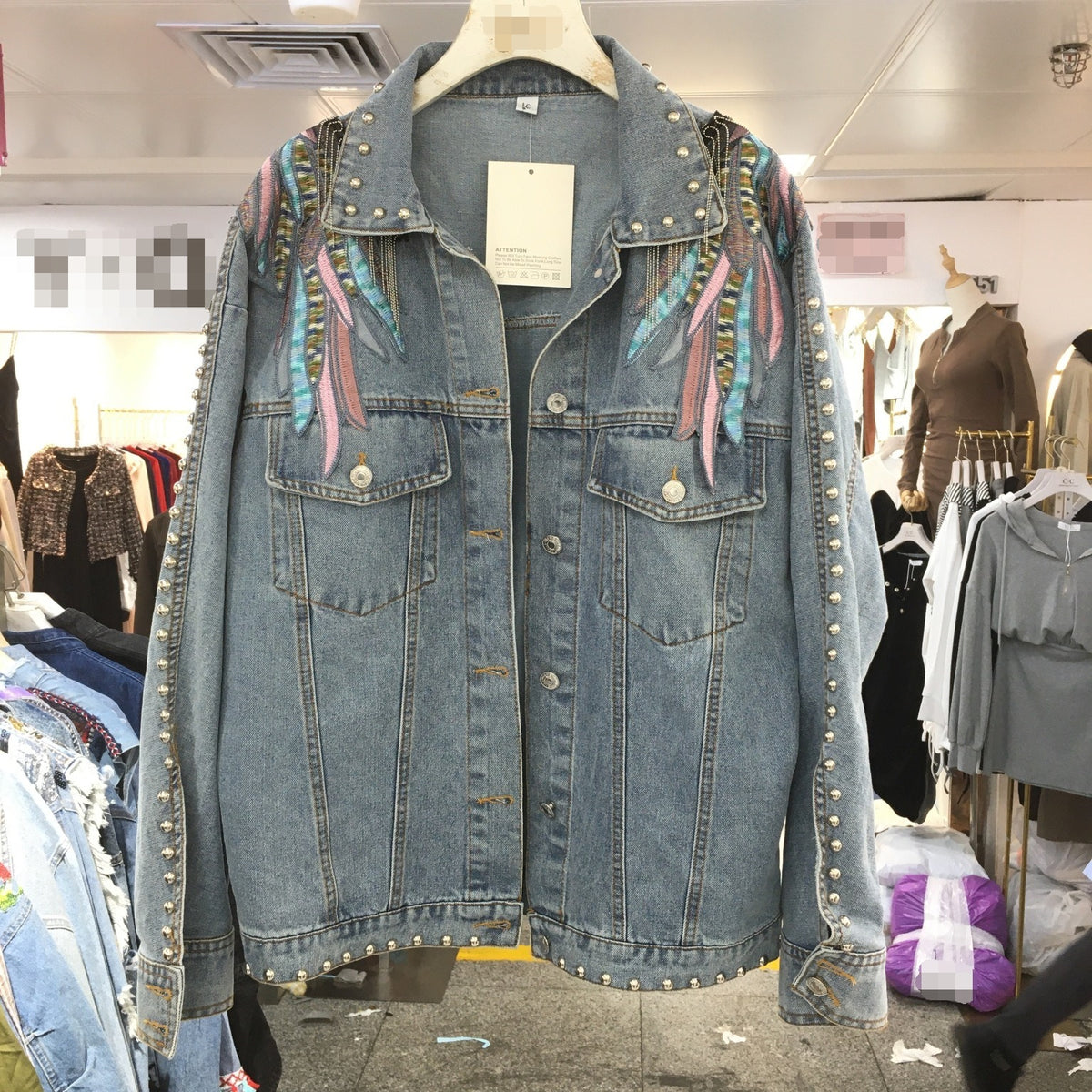 Denim Coat Womens Spring and Autumn Fashion New Relaxed Thin Wing Embroidered Tassel Long Sleeve Top