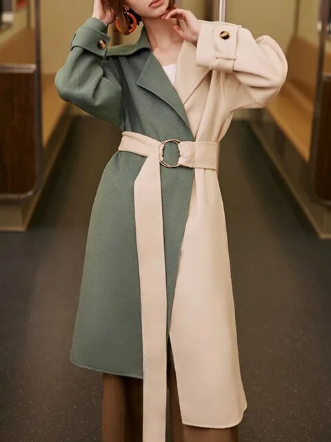 Patchwork Contrast Color Lace-up Wool Coats For Women Vintage Double-side Elegant Overcoat Autumn