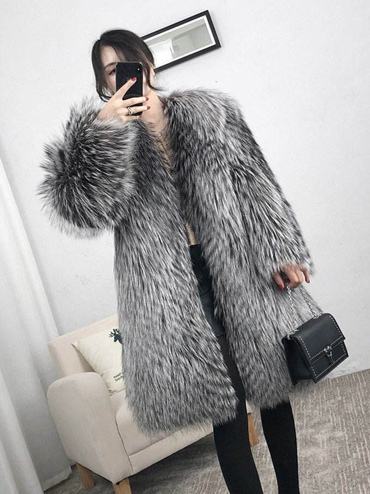 Autumn And Winter New Medium-Length Fox Fur Imitation Fur Coat Female Whole Leather Korean Version Of The Slim Coat Fashion Warm