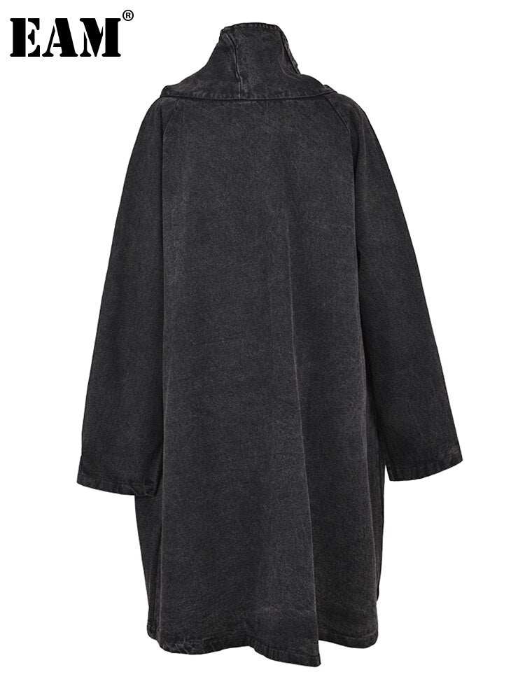Black Irregular Denim Big Size Sweatshirt New Turtleneck Long Sleeve Women Big Size Fashion Spring Autumn 2023 1K16601