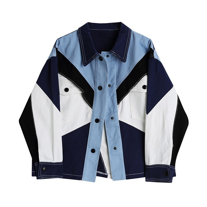 [EAM] Loose Fit Blue Color-block Denim Big Size Jacket New Lapel Long Sleeve Women Coat Fashion Tide Spring Autumn  1DF5798