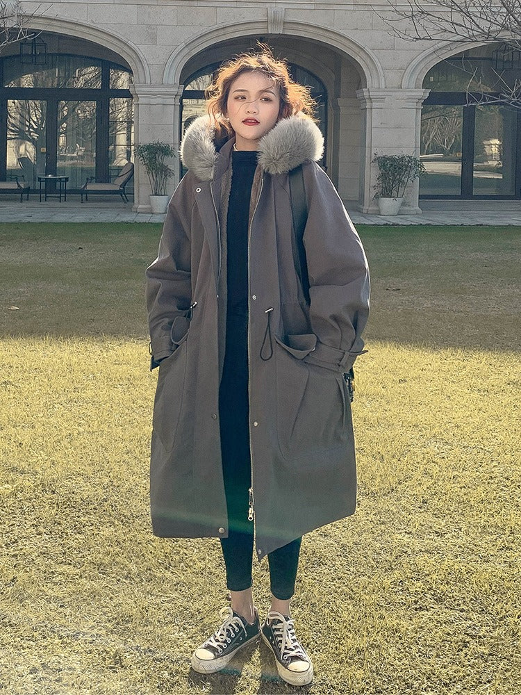 New Winter Style Overcomes Women's Mid length Over knee Plush Thickened Coat Windbreaker Type Cotton Jacket Down Cotton Jacket