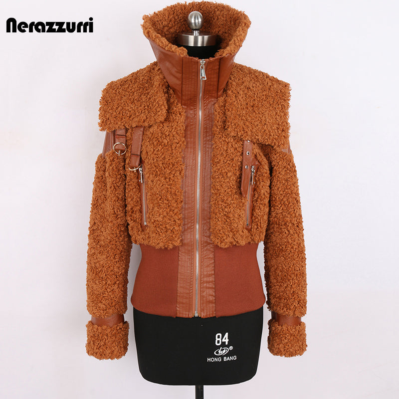 Nerazzurri Autumn Winter Chic Warm Pu Leather Patchwork Faux Fur Coat Women Zip Up Luxury Designer Clothes Fuzzy Fluffy Jacket