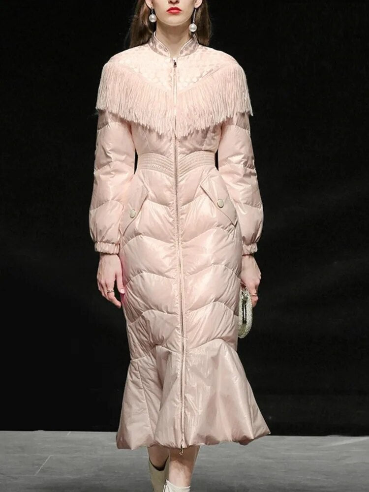 Tassel Splicing Solid Cotton Coat For Women Long Sleeve High Wasit Belt Spiced Design Thin Coats