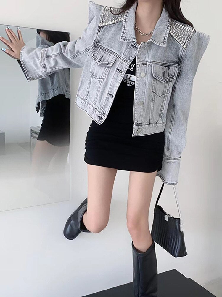 Women's Denim Coat Lapel Puff Sleeve Single Breasted Diamond Inlaid Shoulder Short Jackets