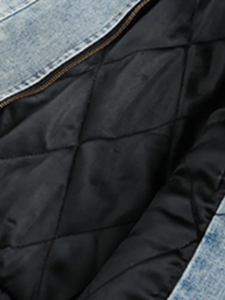 Fashion Women's Thickened Cotton Denim Coat Contrast Color Zipper Short Loose Y2k Parkas Jackets Winter