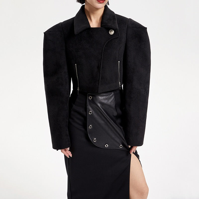 Fashion Women's Jackets Lapel Silhouette Wide Shoulder Covered Button Super Short Lady Coat