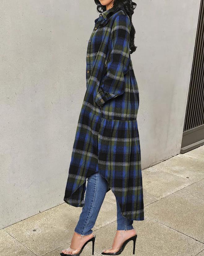 Shacket Longline Plaid Print Curved Hem Buttoned Casual Shirt Jacket for Women Long sleeves Turn-down Collar Coat Girls