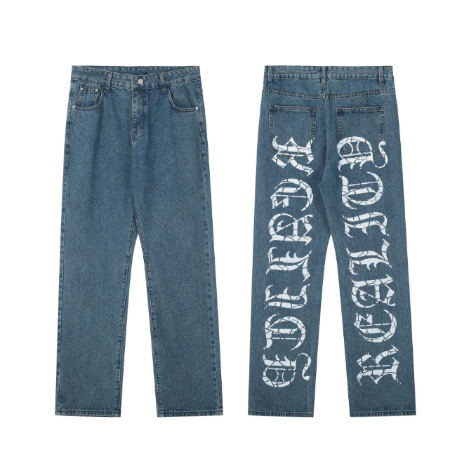 American High Street Washed Gothic Letter Printed Jeans Unisex Fashion Brand Loose Wide Leg Casual Straight Leg Pants