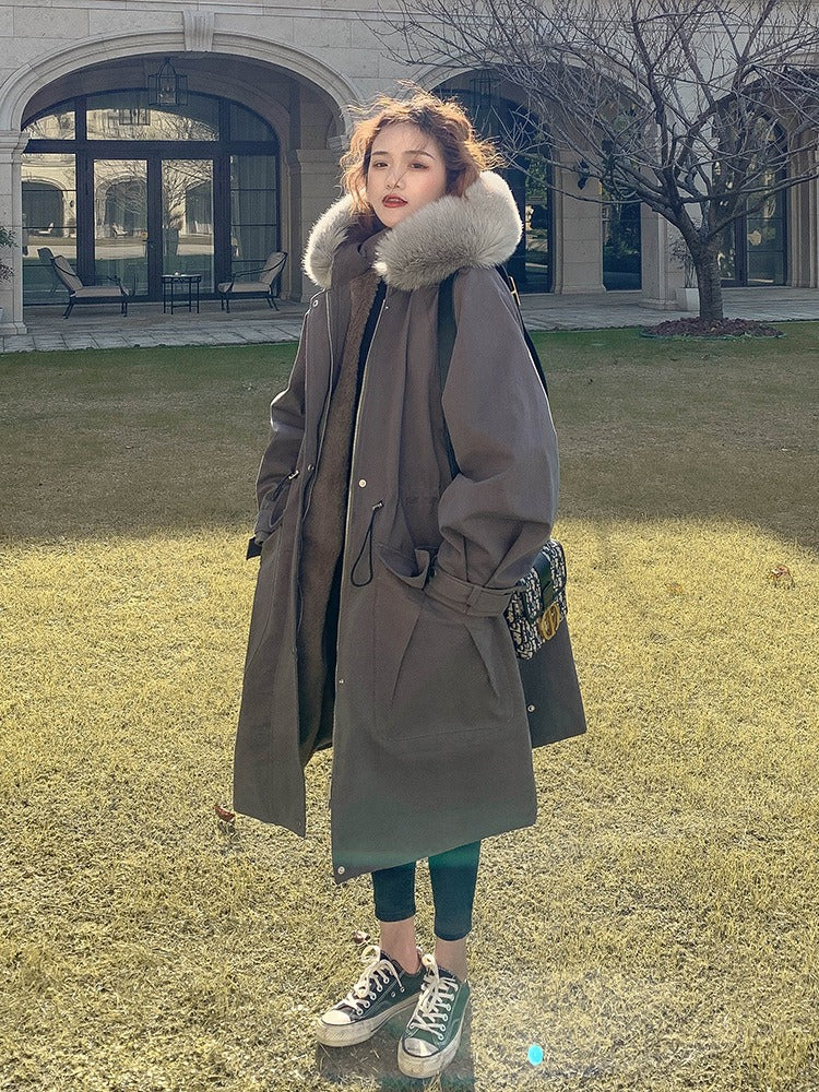 New Winter Style Overcomes Women's Mid length Over knee Plush Thickened Coat Windbreaker Type Cotton Jacket Down Cotton Jacket
