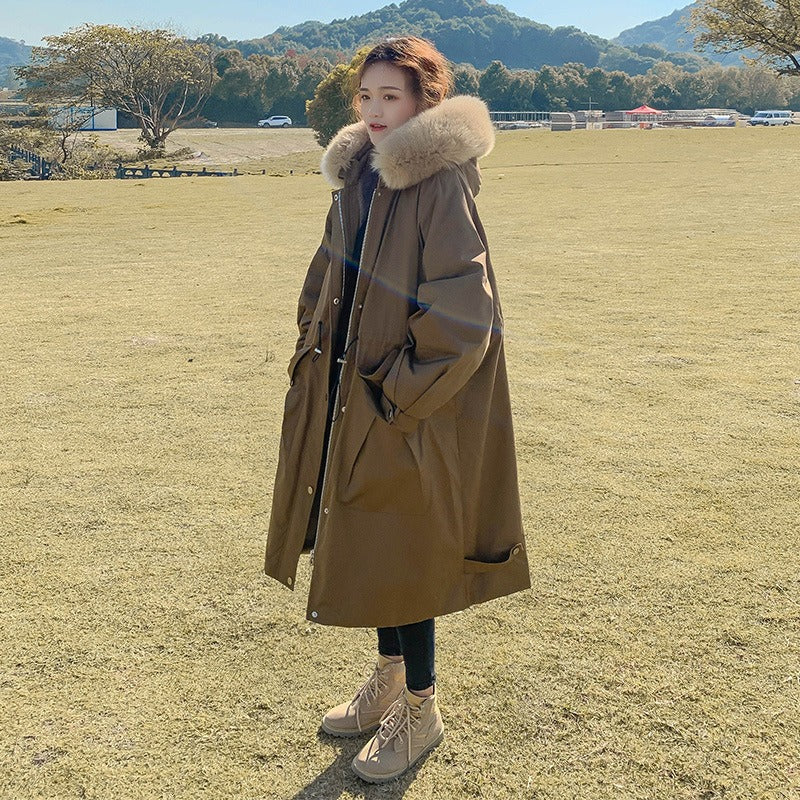 New Winter Style Overcomes Women's Mid length Over knee Plush Thickened Coat Windbreaker Type Cotton Jacket Down Cotton Jacket