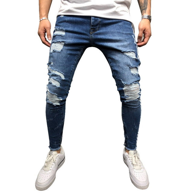 Ripped Side Striped Jeans Fashion Streetwear Mens - US2EInc Apparel Plug Ltd. Co
