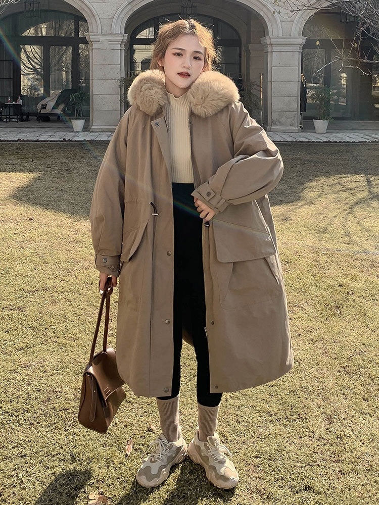 New Winter Style Overcomes Women's Mid length Over knee Plush Thickened Coat Windbreaker Type Cotton Jacket Down Cotton Jacket