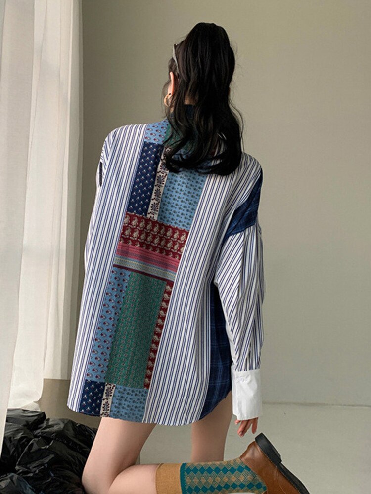 Fashion Straight Shirt For Women Lapel Long Sleeve Patchwork Striped Colorblock Blouses Female Spring Clothing Style New